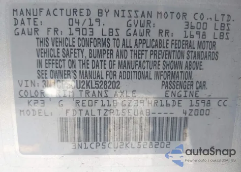 2019 Nissan Kicks Sr из США, поврежденный, VIN 3N1CP5CU2KL528202